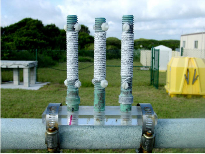 A CLIMAT coupon with three copper rods at the Kennedy Space Center beach corrosion test site after thirty days