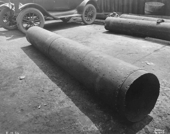 "Pits in 16 inch Sheet Iron Water Main in San Francisco's East Bay that failed in one month due to leakage of current from electric streetcars. (Photo dated August 10, 1926, Courtesy of East Bay Municipal Utility District).